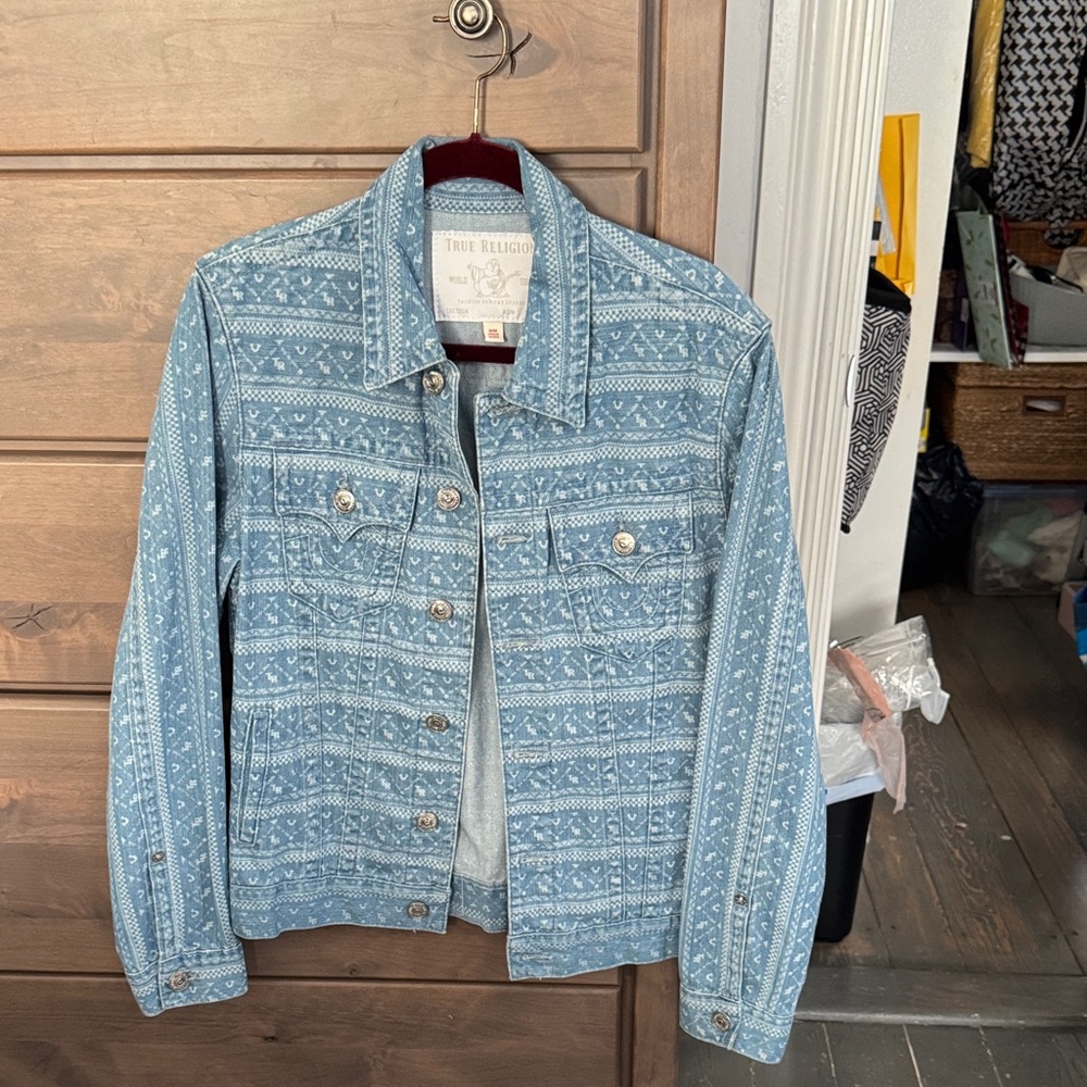 True Religion Light Blue Geometric Denim Jacket